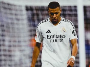 Kylian Mbappe in Real Madrid training gear during a practice session prior to the Club World Cup, now sidelined due to gastroenteritis.