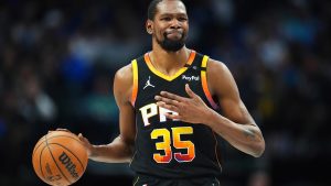 NBA star Kevin Durant smiles during a media event, following the announcement of his minority ownership stake in Paris Saint-Germain.