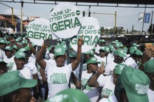 Nigerian protesters rally in Lagos against political suppression and defection-driven democracy concerns.
