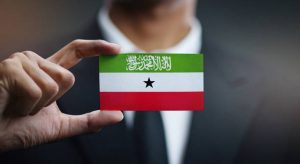 Somaliland President Abdirahman Mohamed Abdullahi at a podium, with flags in the background during a diplomatic address.