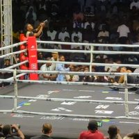 American boxer Andrew Tabiti celebrates after knocking out Ghana’s Jacob Dickson at Bukom Boxing Arena to win the WBO Africa Bridgerweight title.