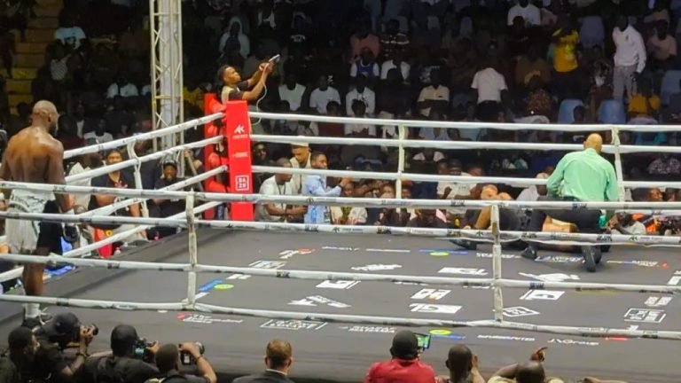 American boxer Andrew Tabiti celebrates after knocking out Ghana’s Jacob Dickson at Bukom Boxing Arena to win the WBO Africa Bridgerweight title.