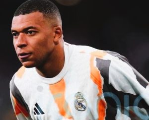 Kylian Mbappe in Real Madrid training gear during a practice session prior to the Club World Cup, now sidelined due to gastroenteritis.