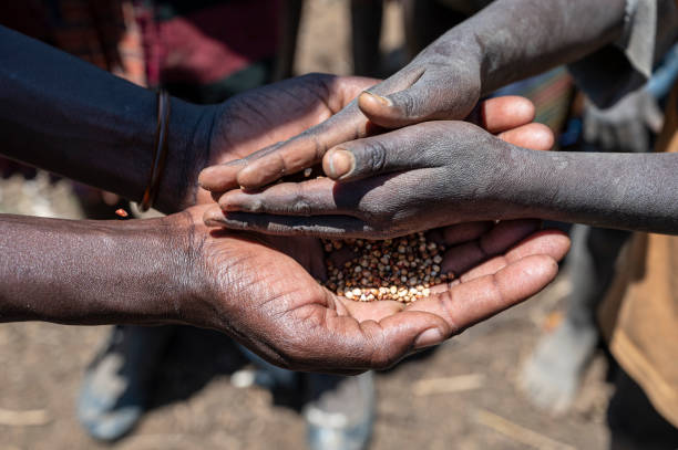 Children in South Sudan gather near humanitarian aid tents amid worsening food crisis in Upper Nile state.