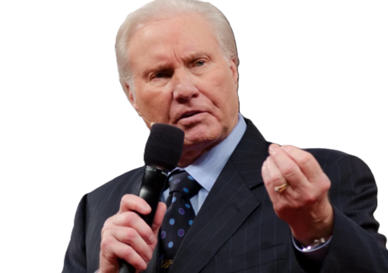Elderly televangelist Jimmy Swaggart standing at a church pulpit, preaching passionately with a Bible in hand.