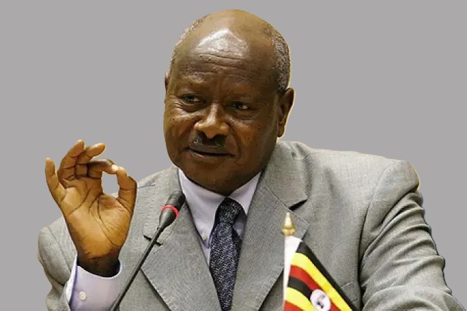 Ugandan President Yoweri Museveni delivers a speech at the NRM conference after being confirmed as the 2026 presidential candidate.