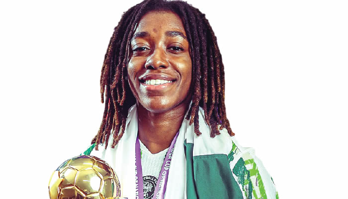Jennifer Echegini celebrating after scoring the winning goal in the WAFCON final against Morocco.