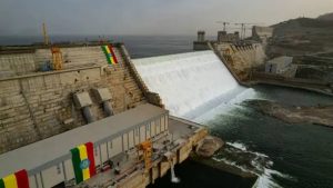An aerial view of the completed Grand Ethiopian Renaissance Dam on the Blue Nile in Ethiopia.