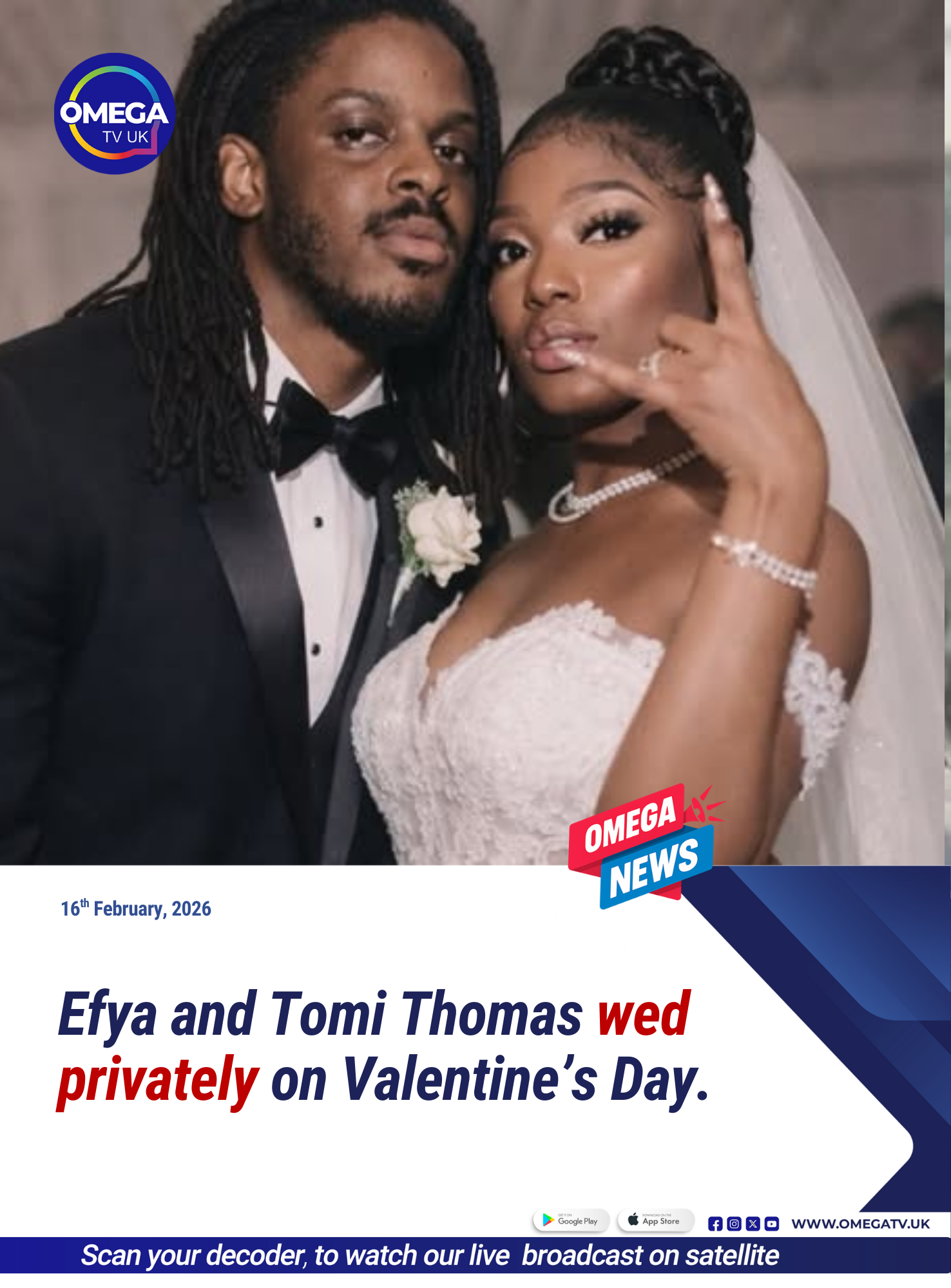 Efya and Tomi Thomas tied the knot in a private Valentine’s Day ceremony in Accra. The intimate, faith-based event was attended by close family and friends only.