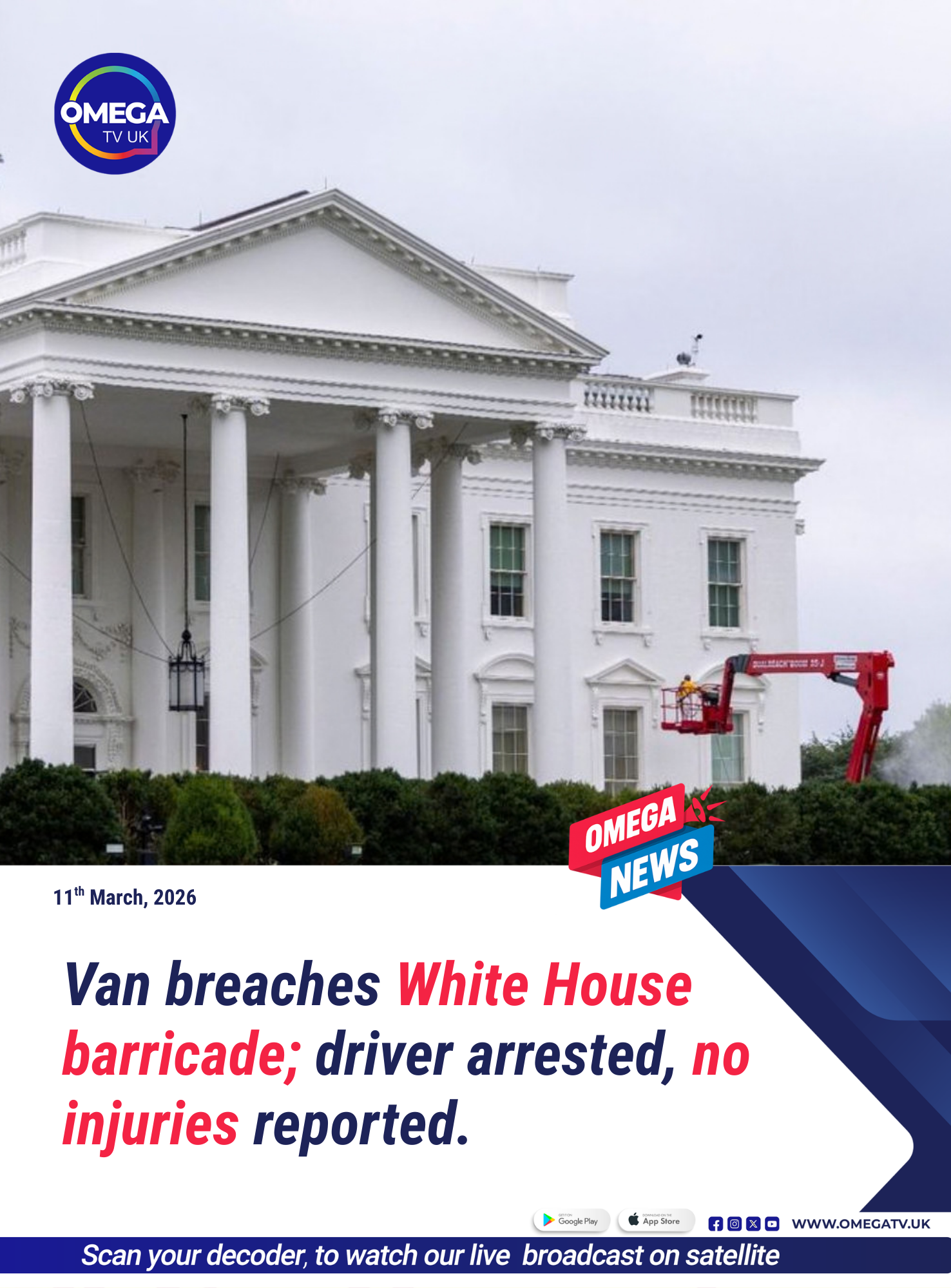 Van breaches White House barricade; driver arrested, no injuries reported.