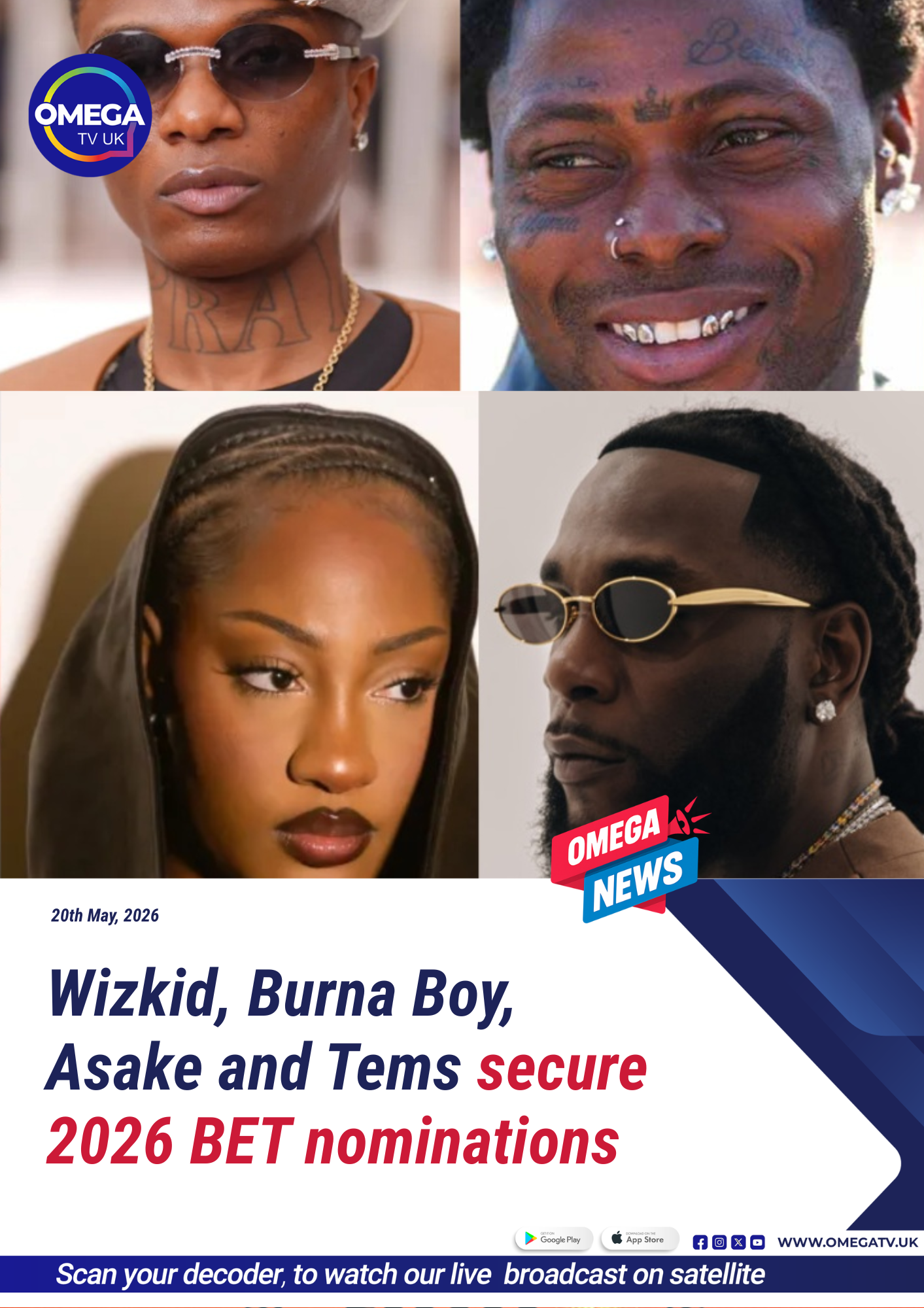 Wizkid, Burna Boy, Asake and Tems secure 2026 BET nominations