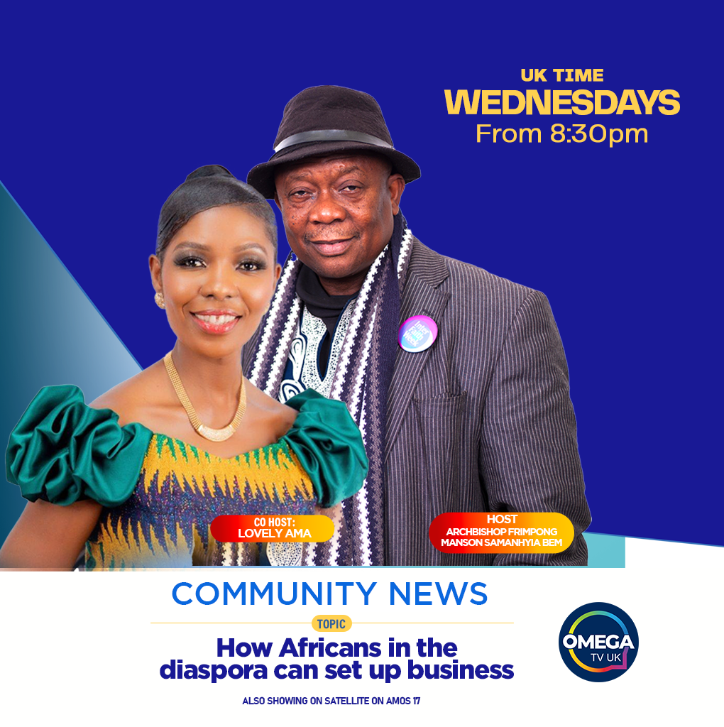 Community News presenters Archbishop Frimpong Manson Samanhyia BEM and Lovely Ama on Omega TV UK