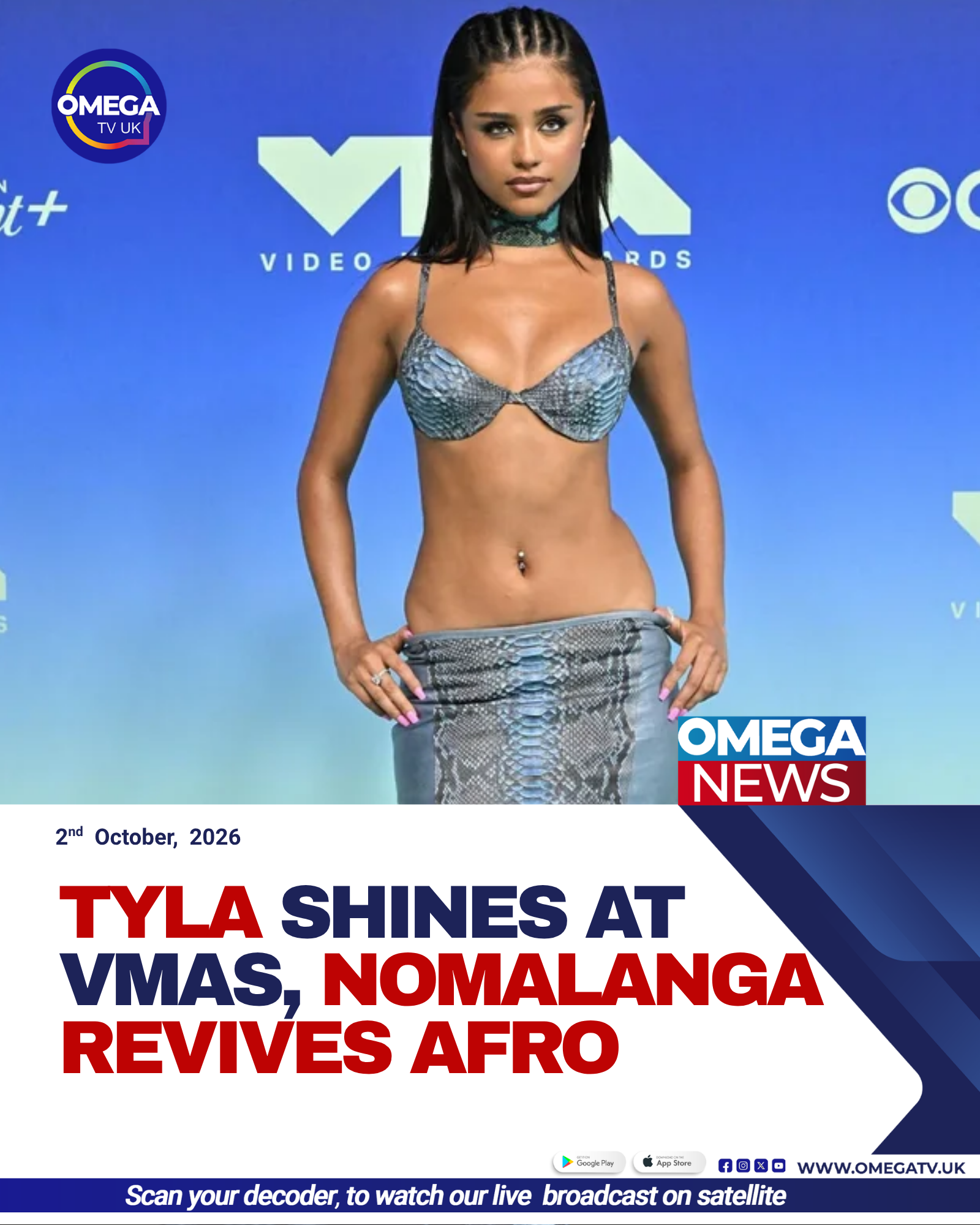 Tyla poses at the 2026 MTV Video Music Awards in a blue snakeskin bra and low-rise skirt.