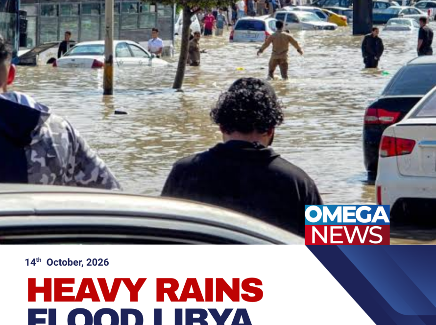 : Floodwater inundates streets in Tripoli, Libya, submerging vehicles and affecting buildings after heavy rainfall.