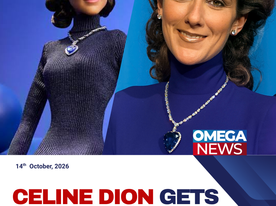 Celine Dion’s Barbie Signature collectible doll wearing an outfit inspired by her 1998 awards show appearance.