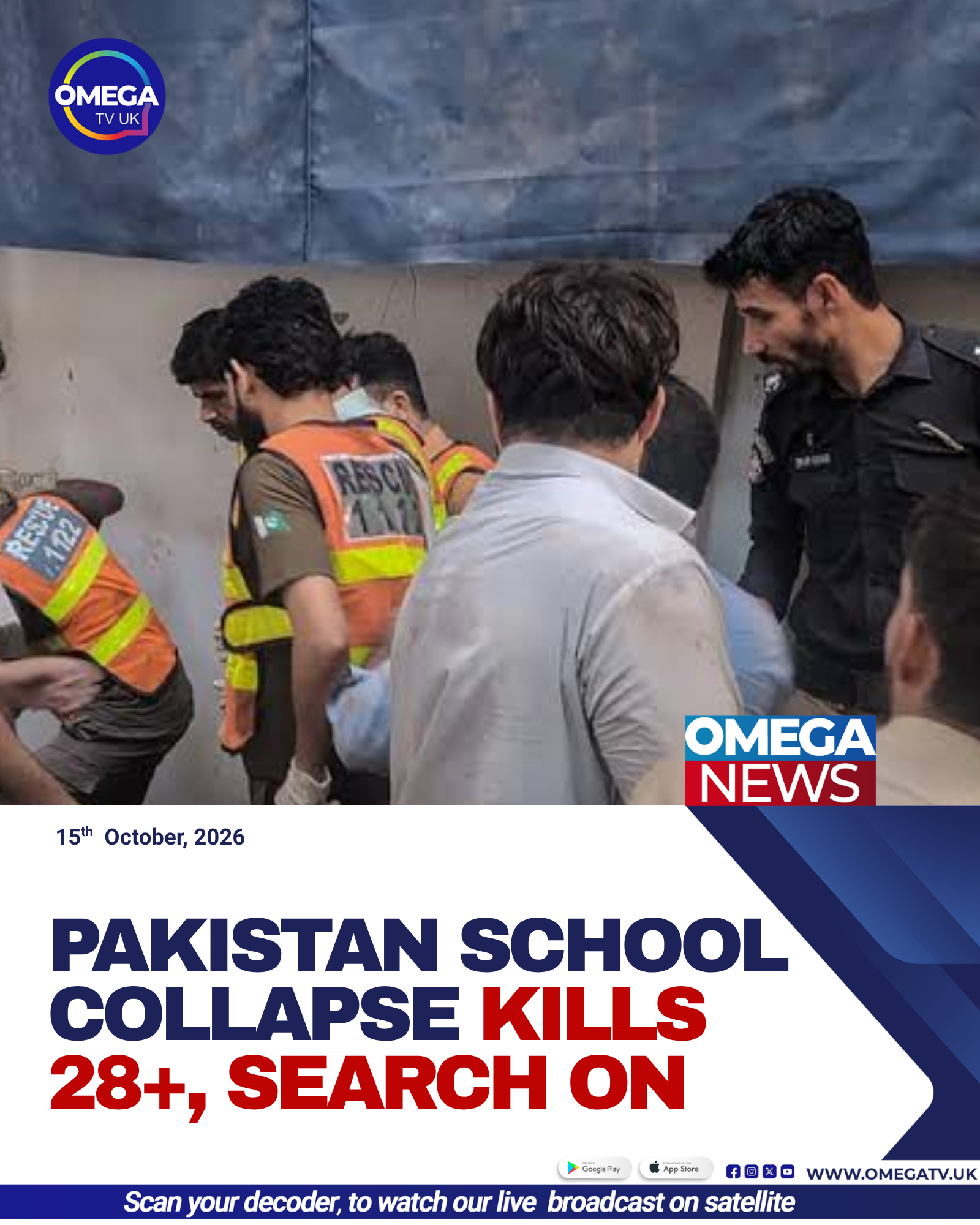 Rescue workers search the rubble of a collapsed school roof in Peshawar, Pakistan, for children feared trapped inside.