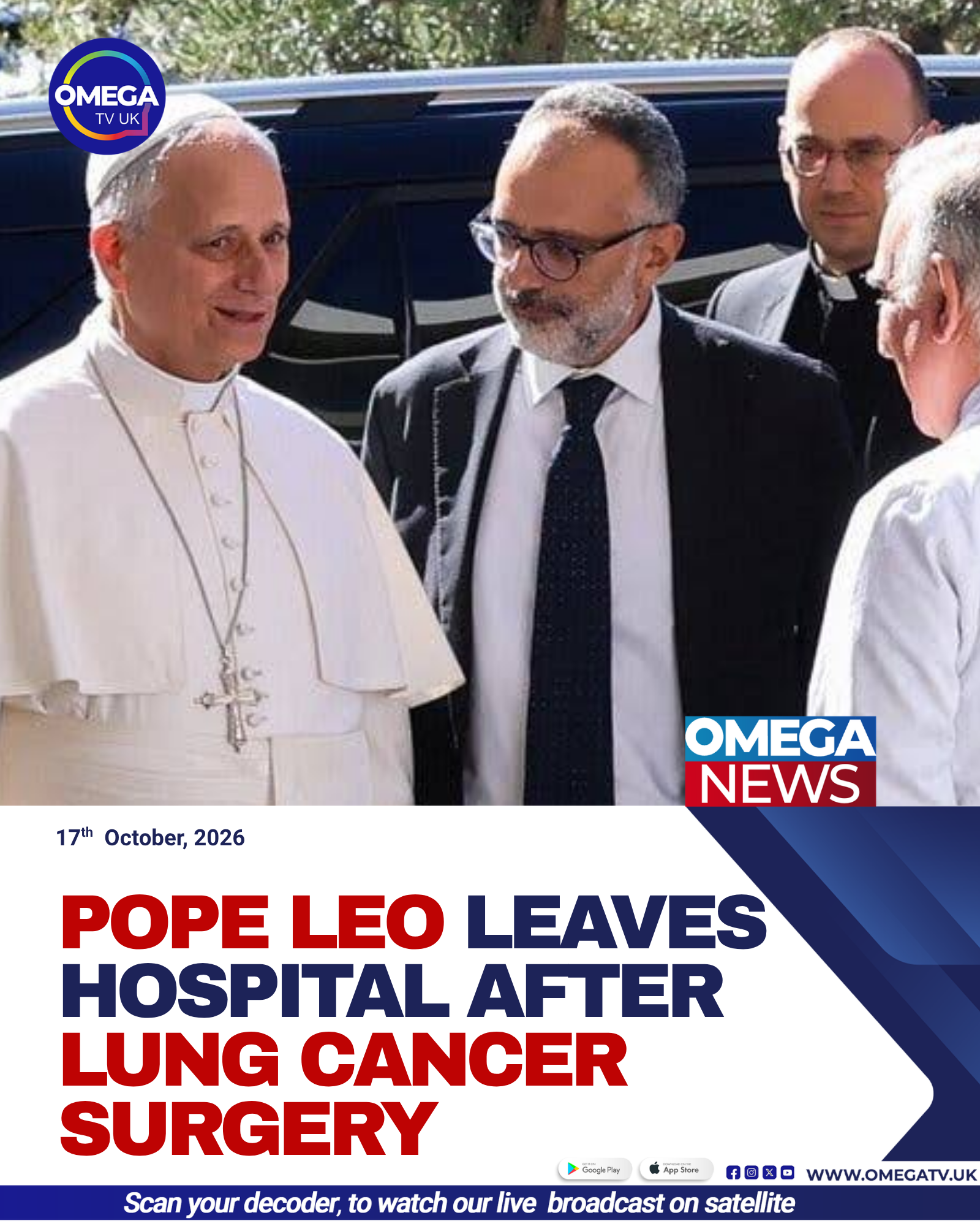 Pope Leo XIV greets well-wishers after leaving Rome’s Gemelli hospital following lung cancer surgery.