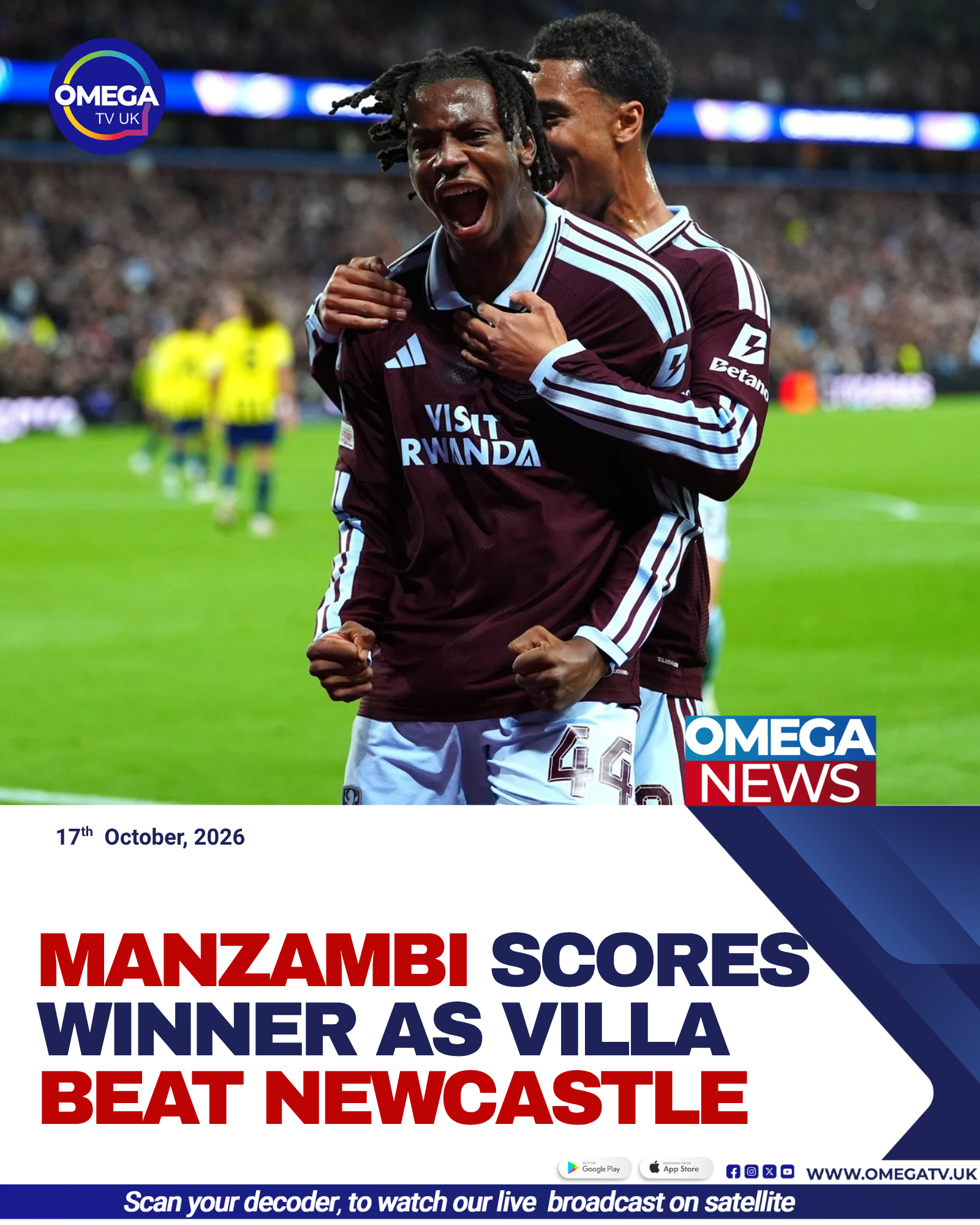 Aston Villa players celebrate after Manzambi scores the winning goal against Newcastle United.