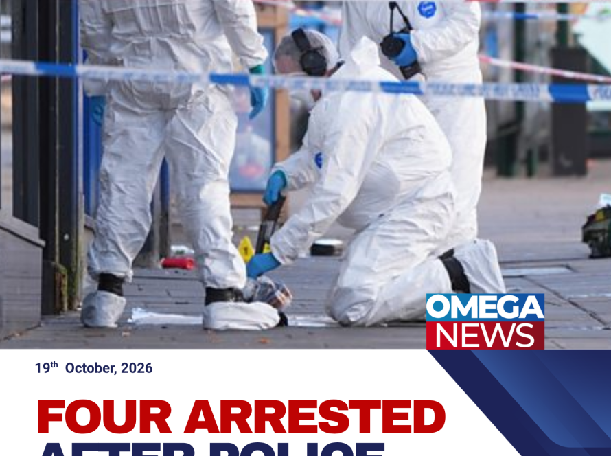 olice investigate the shooting of an officer in Angel Row, Nottingham city centre, after four people are arrested.