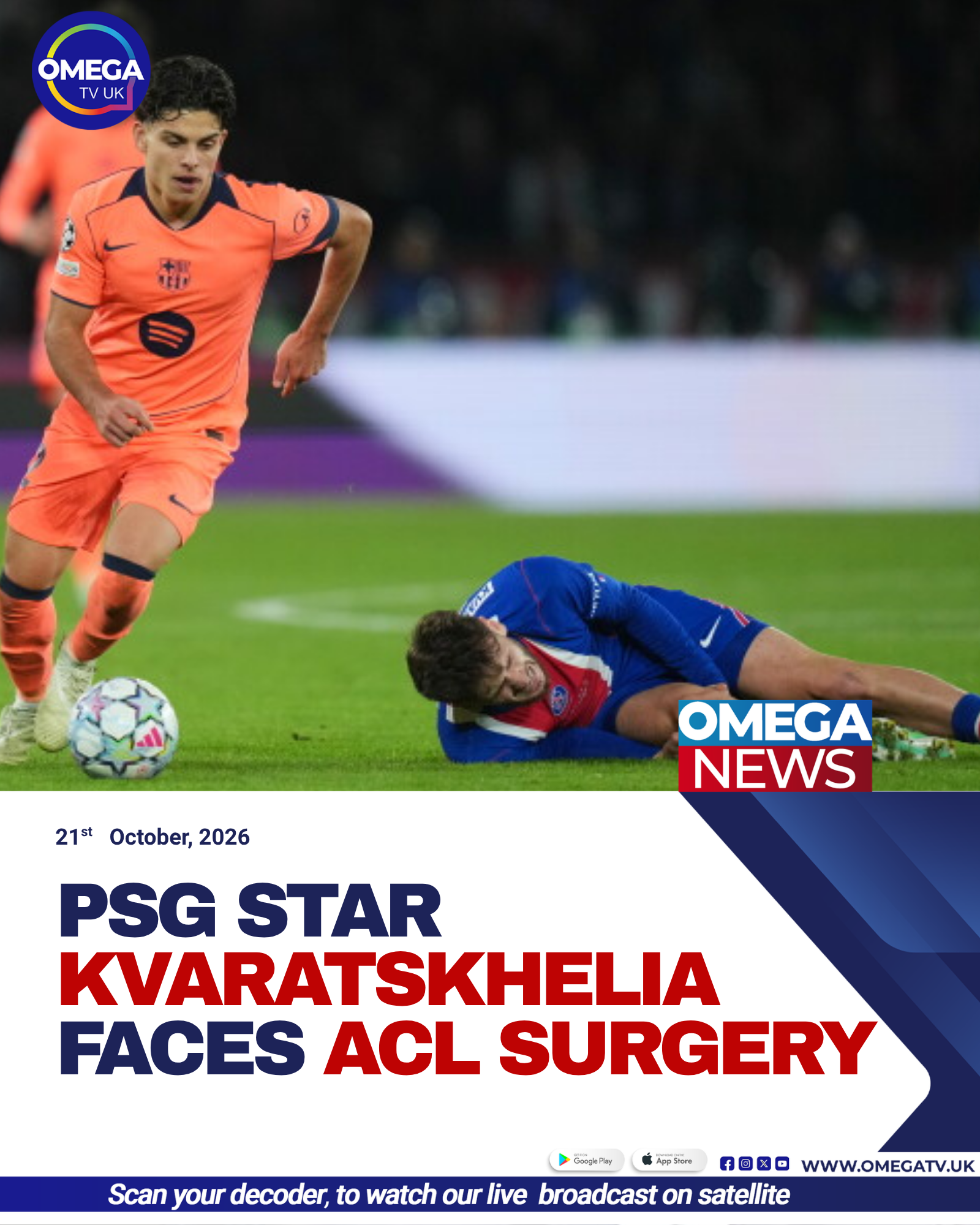 PSG winger Khvicha Kvaratskhelia during a Champions League match before suffering a knee injury against Barcelona.