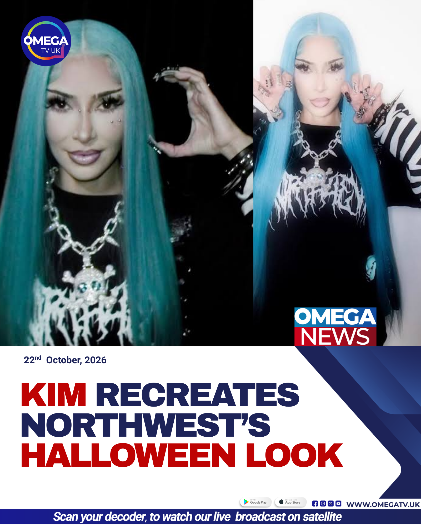 Kim Kardashian recreates daughter North West’s signature turquoise-blue hair and gothic-inspired fashion for Halloween 2026.