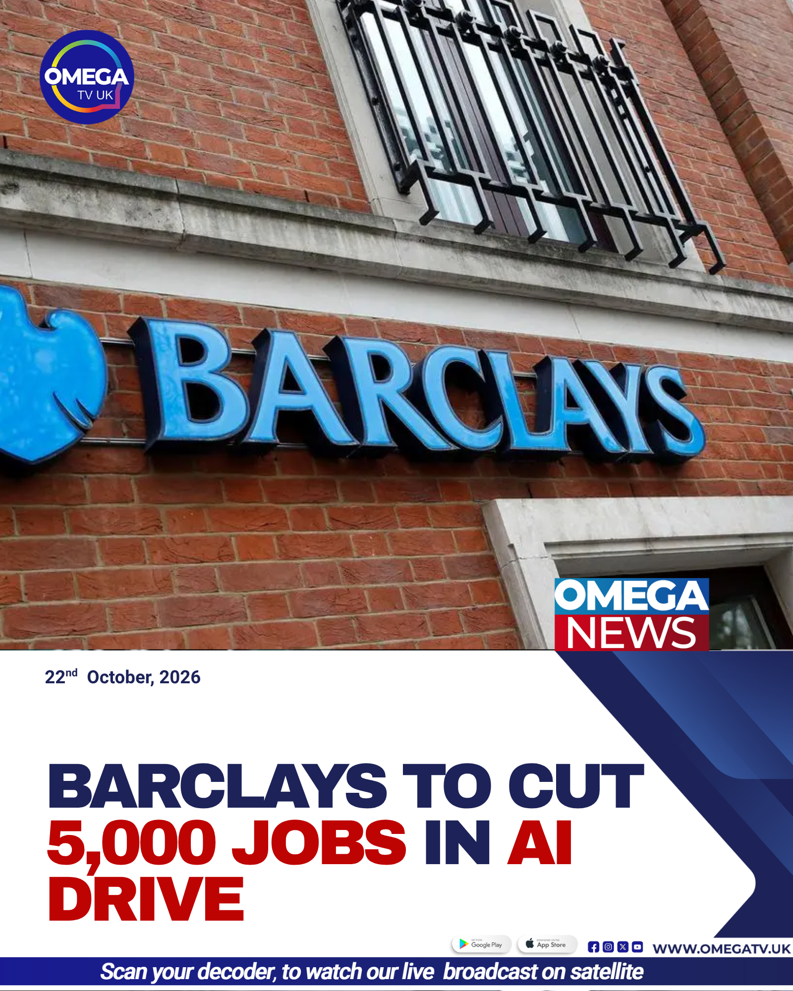 Barclays bank logo on a building as the lender announces plans to cut 5,000 jobs amid increased investment in artificial intelligence.