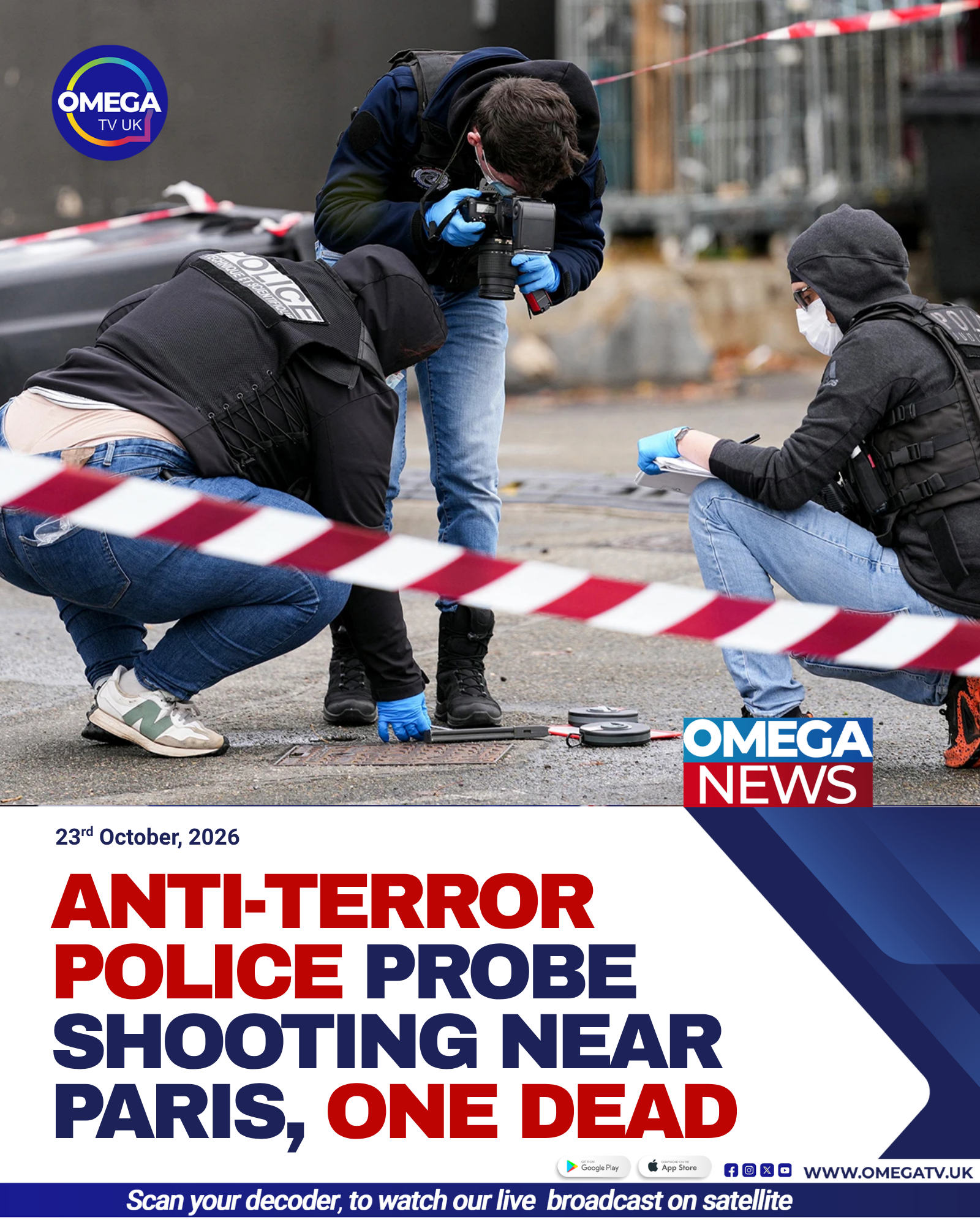 French police investigate a shooting scene in Trappes, south-west of Paris, where one person was killed and four others injured.