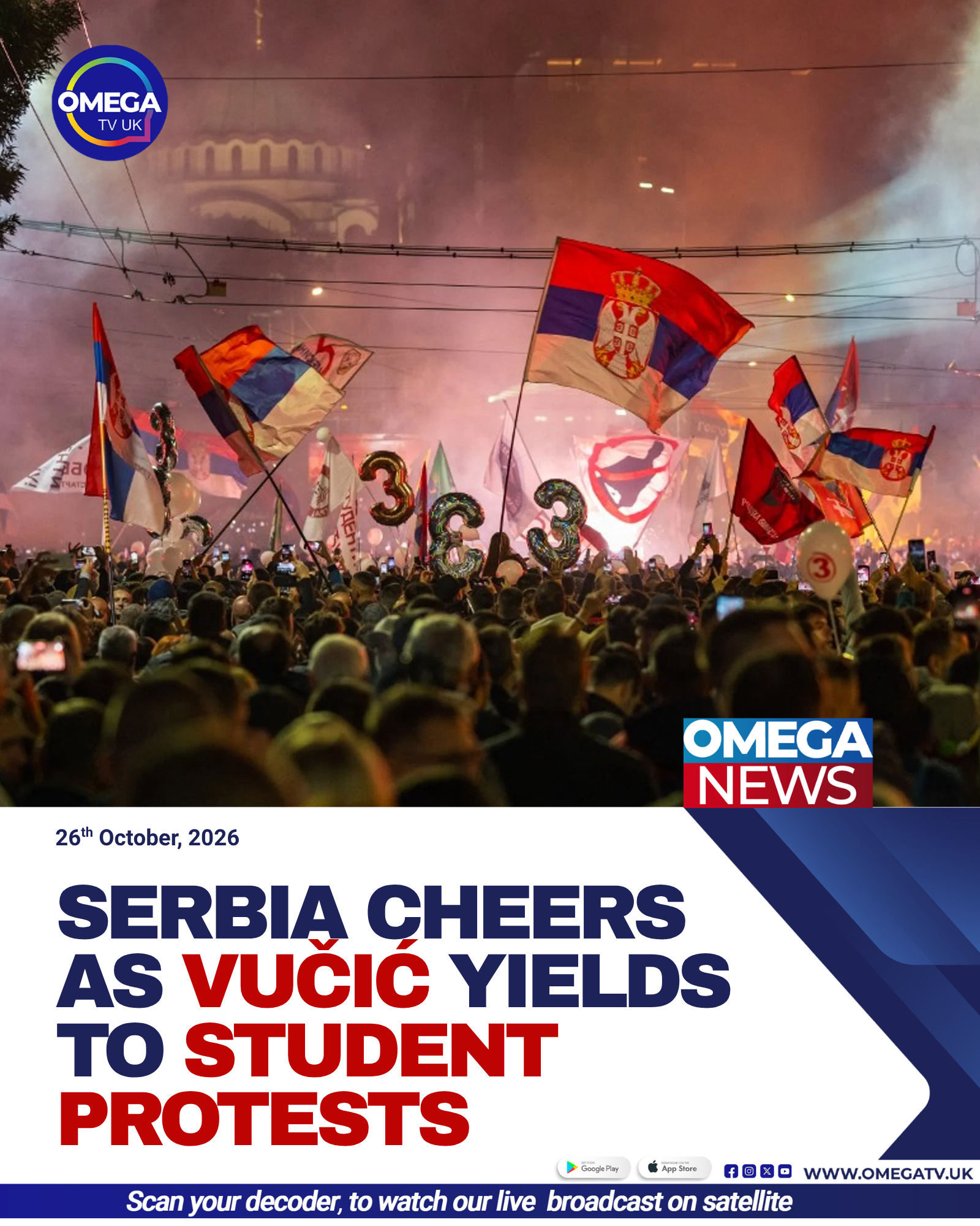 Serbian student-led protest movement supporters celebrate after President Aleksandar Vučić concedes defeat in snap parliamentary elections.