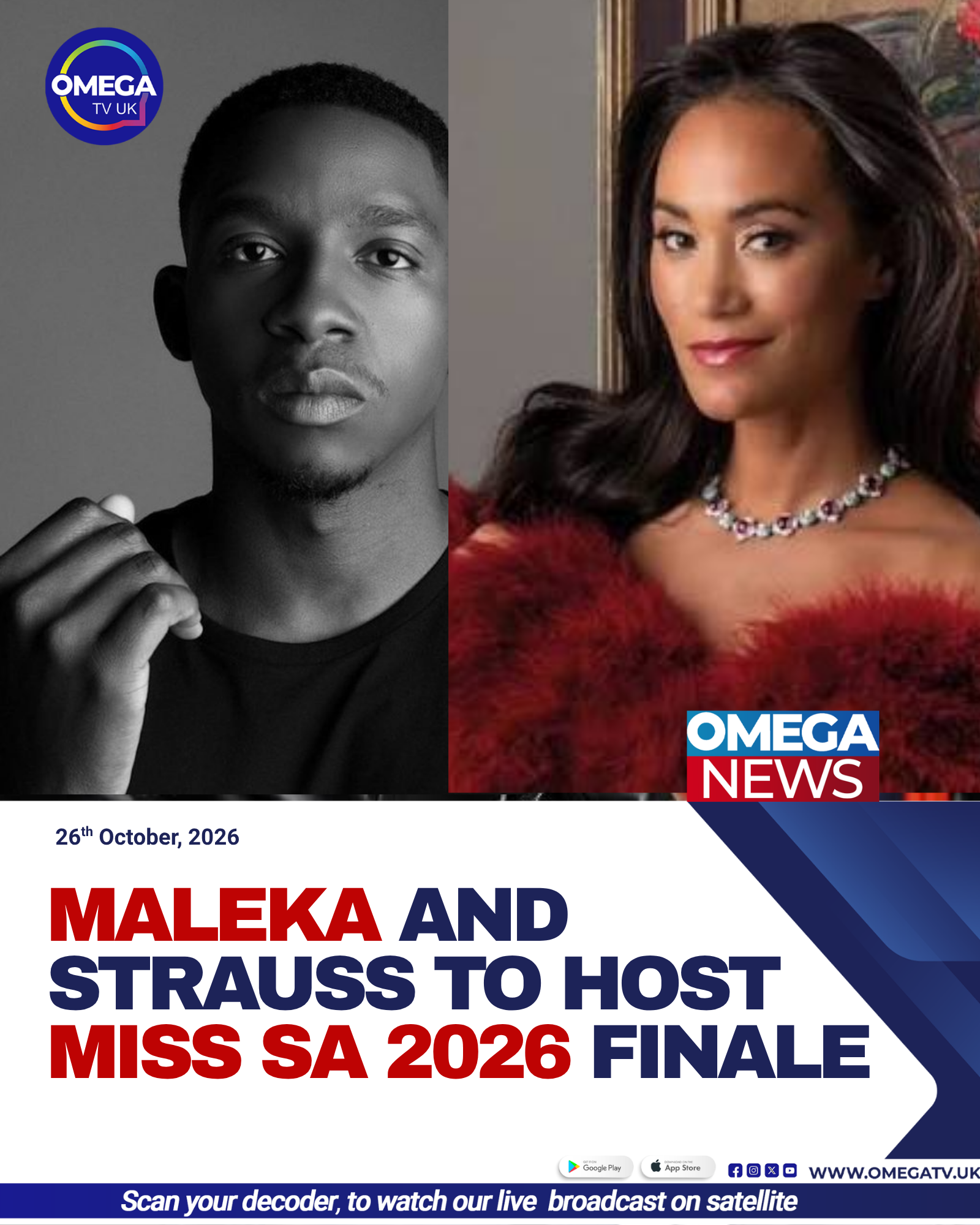 Lawrence Maleka and Jo-Ann Strauss, announced as hosts of the Miss South Africa 2026 finale, scheduled for November 14 in Johannesburg.