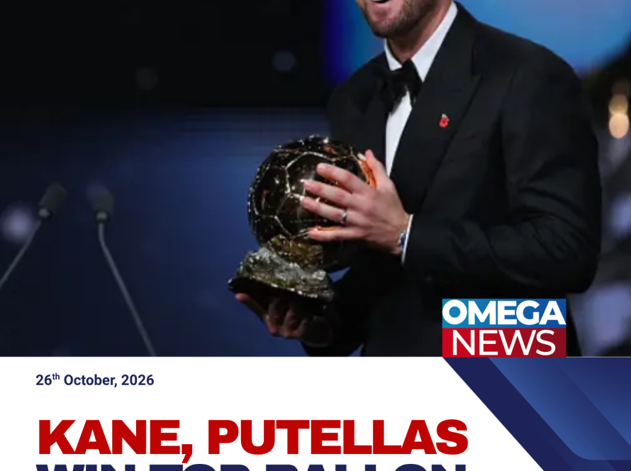 Harry Kane and Alexia Putellas pose with their Ballon d’Or trophies at the 2026 awards ceremony in London.