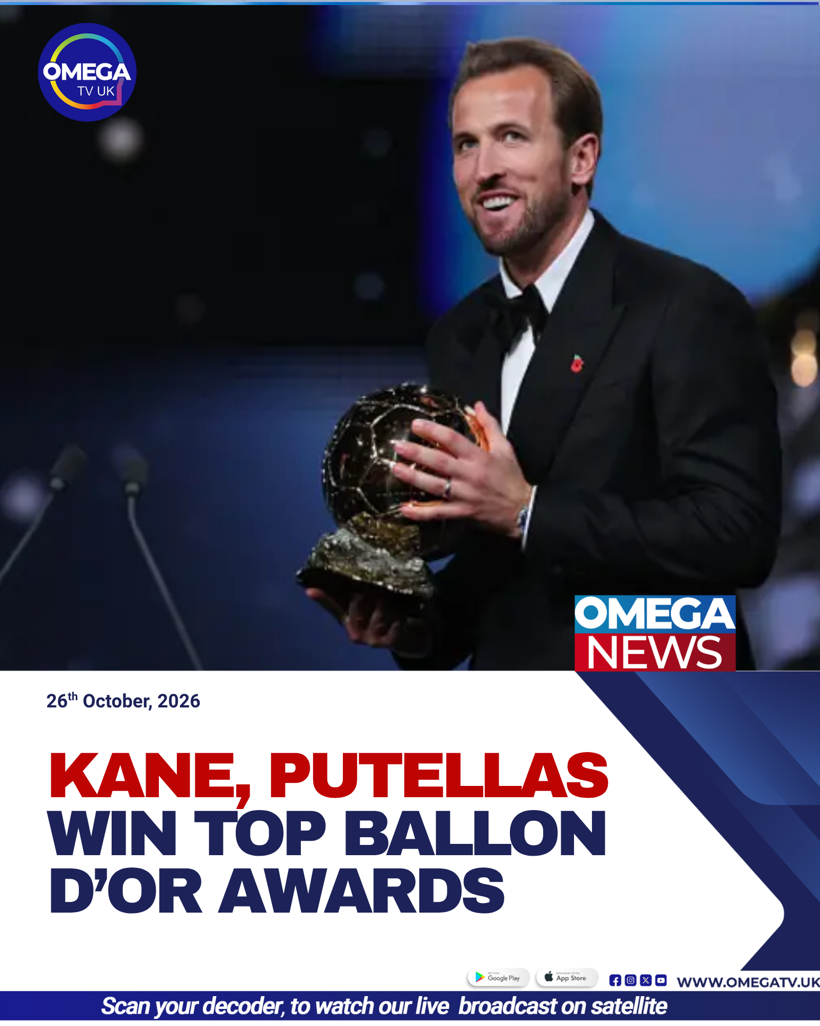 Harry Kane and Alexia Putellas pose with their Ballon d’Or trophies at the 2026 awards ceremony in London.