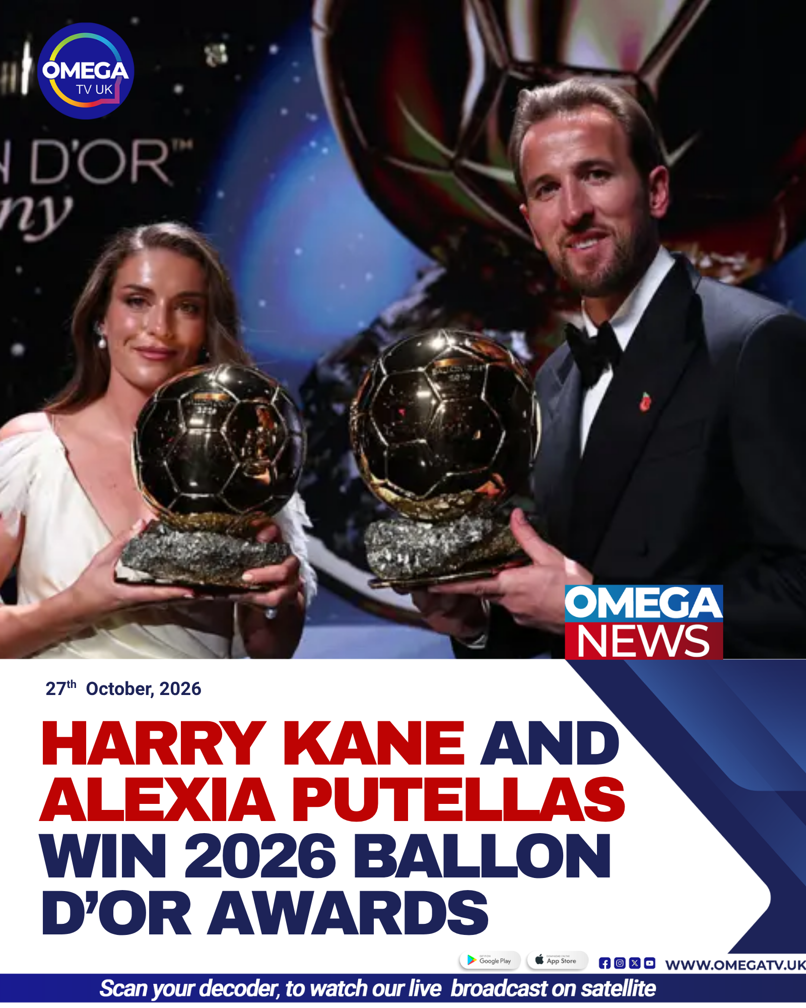 Harry Kane and Alexia Putellas celebrate winning the men’s and women’s Ballon d’Or awards at the 2026 ceremony in London.