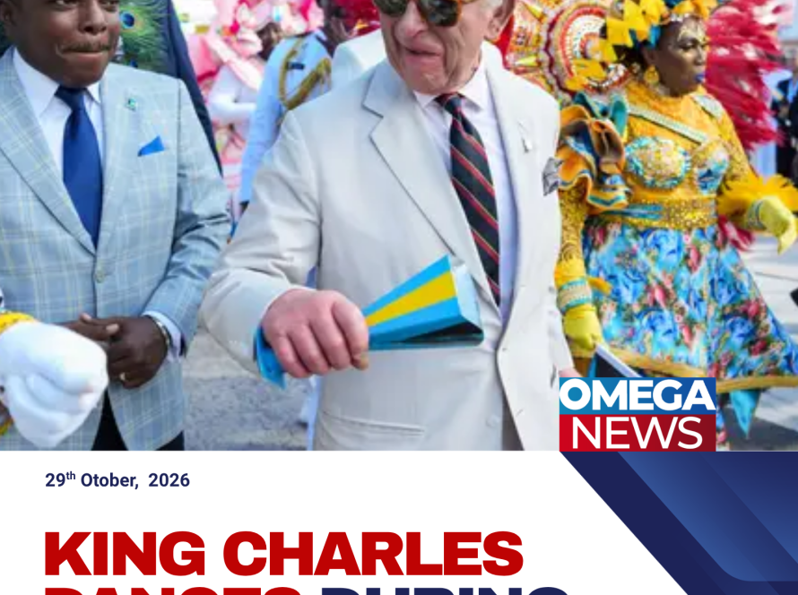 King Charles III joins performers at a colourful Junkanoo parade in Nassau, Bahamas, holding maracas during his Caribbean tour.