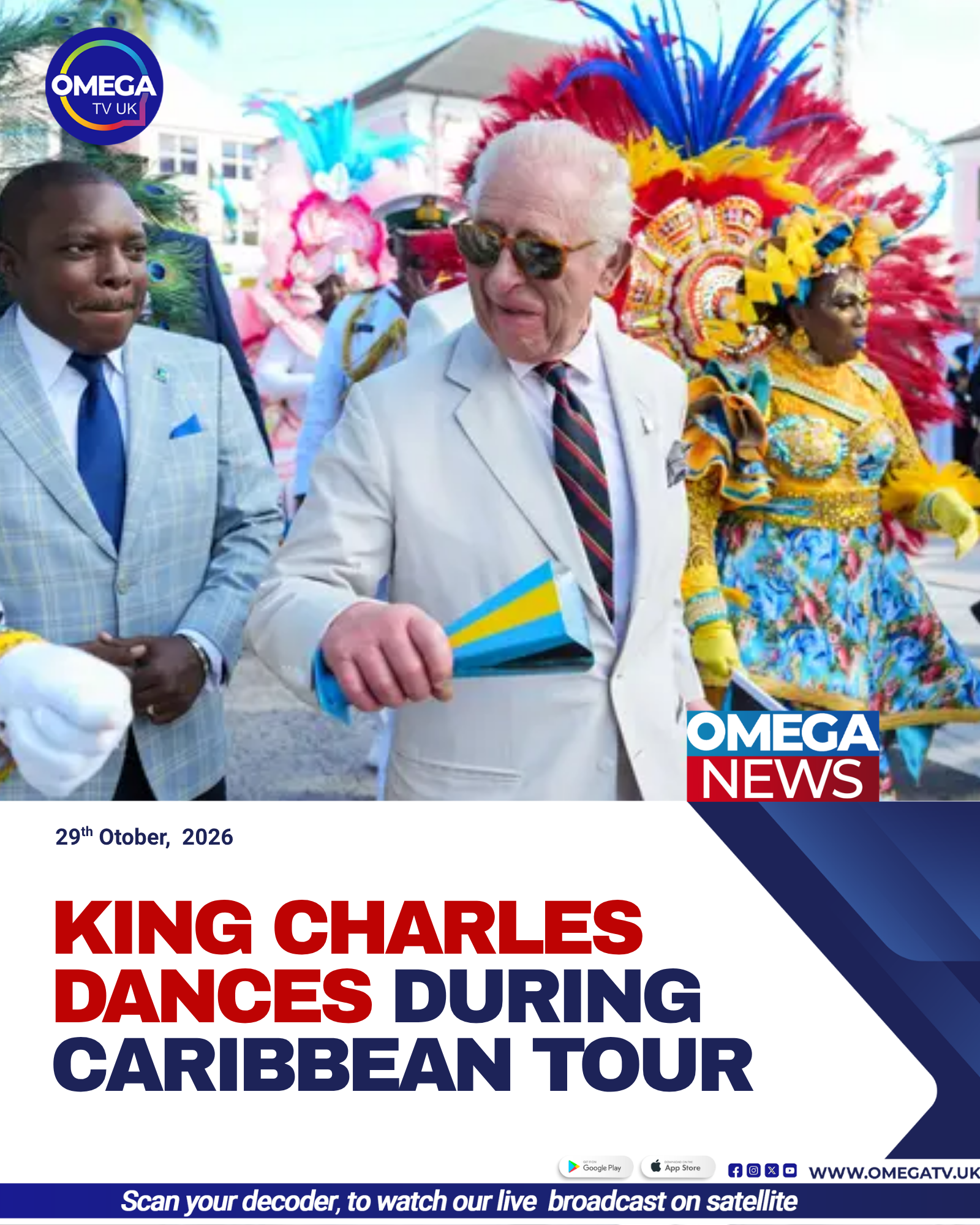 King Charles III joins performers at a colourful Junkanoo parade in Nassau, Bahamas, holding maracas during his Caribbean tour.