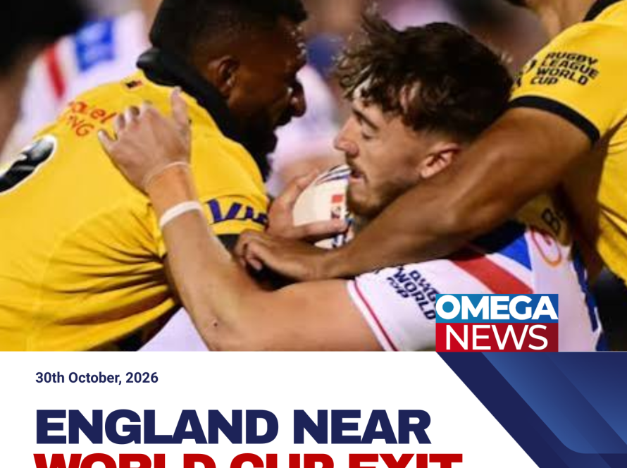 England rugby league players celebrate during their 34-12 World Cup victory over Papua New Guinea.
