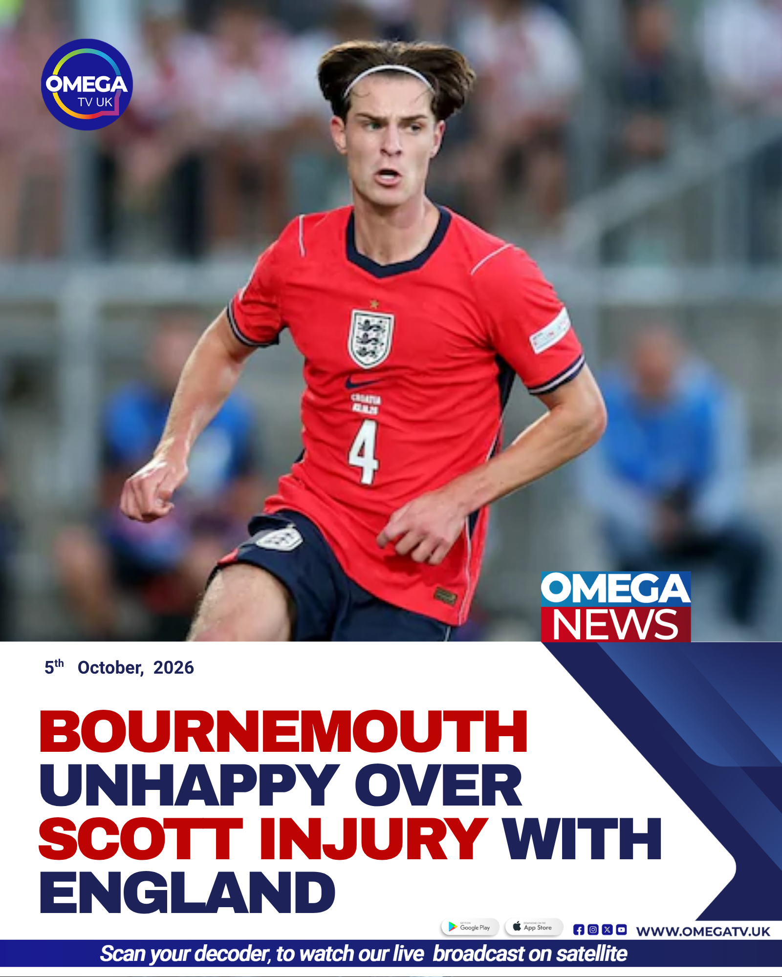 Bournemouth midfielder Alex Scott in an England shirt during an international match.