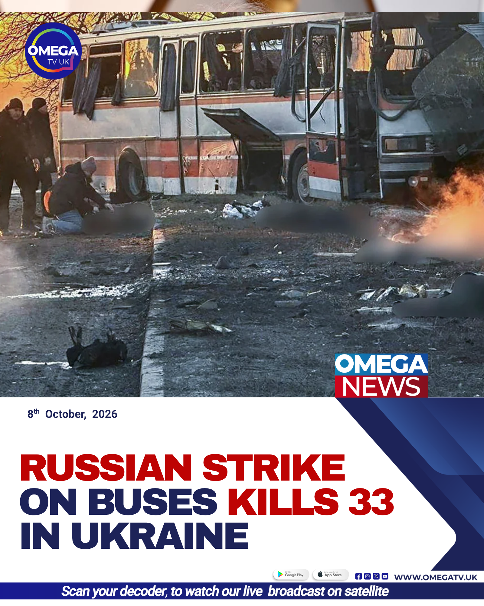 Burned civilian buses and debris following a Russian glide bomb strike in Kramatorsk, Ukraine.