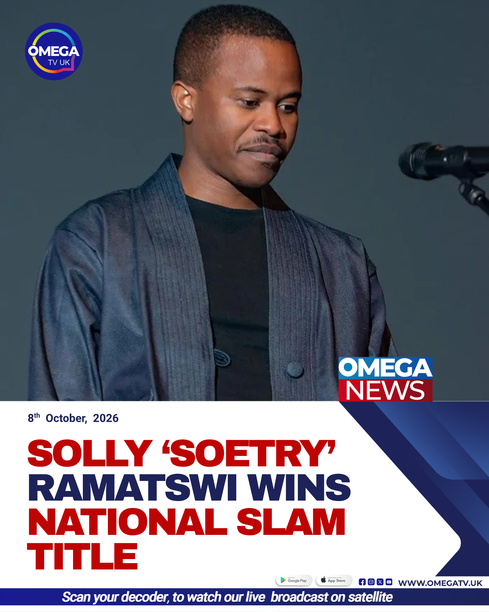 Limpopo-born poet Solly “Soetry” Ramatswi celebrates after winning South Africa’s National Slam Championship with his poem “Born Free.”