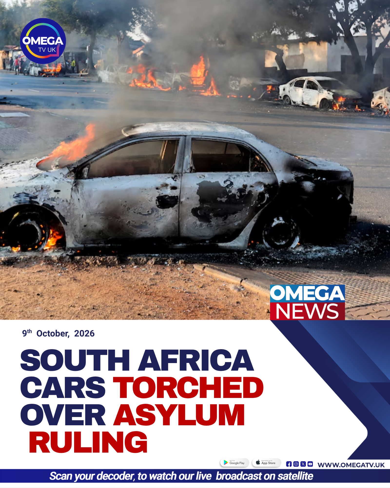 Burned-out vehicles line a street in Soweto, South Africa, following protests against a Constitutional Court ruling on asylum access.
