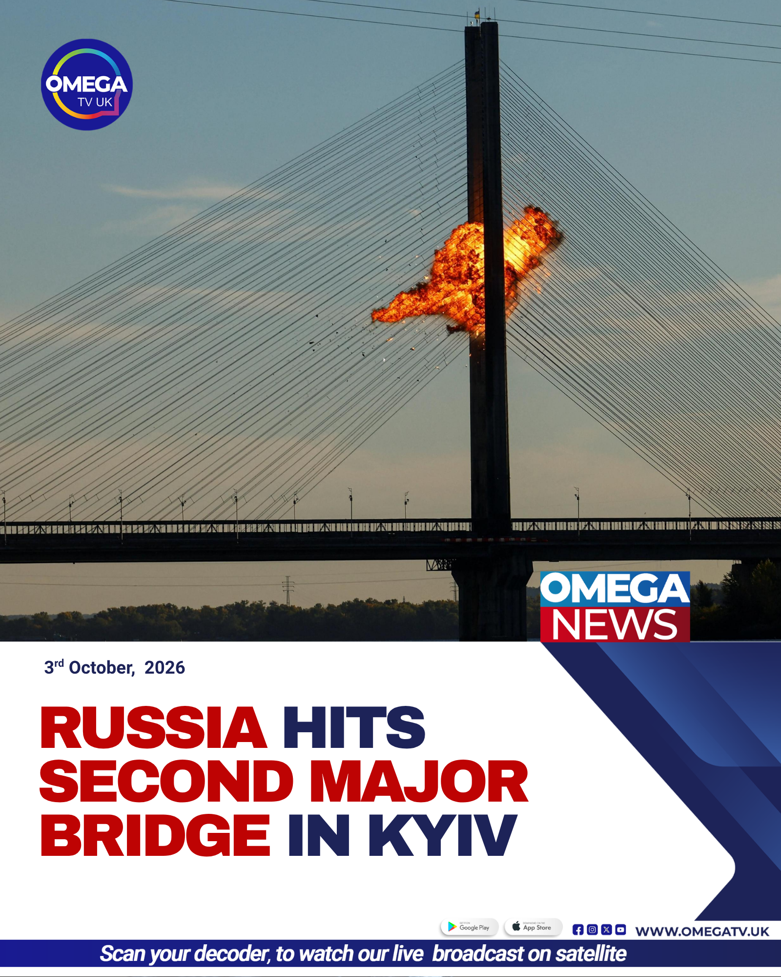 Smoke and damage on Kyiv’s Northern Bridge after a Russian strike disrupted traffic across the Dnipro River.