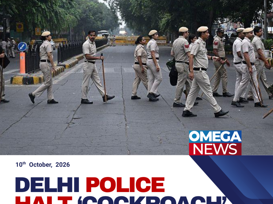 Indian security personnel and barricades in Delhi ahead of a Cockroach Janta Party protest.