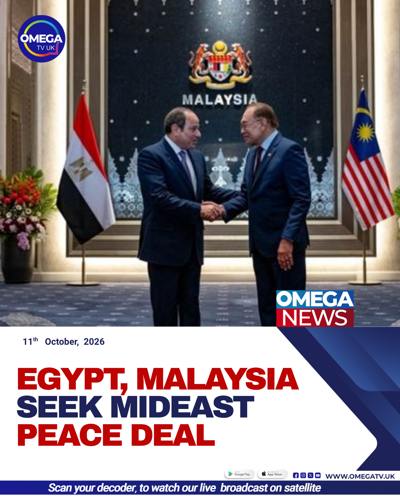 Egyptian President Abdel-Fattah al-Sisi meets Malaysian Prime Minister Anwar Ibrahim during a state visit focused on Middle East peace and economic cooperation.
