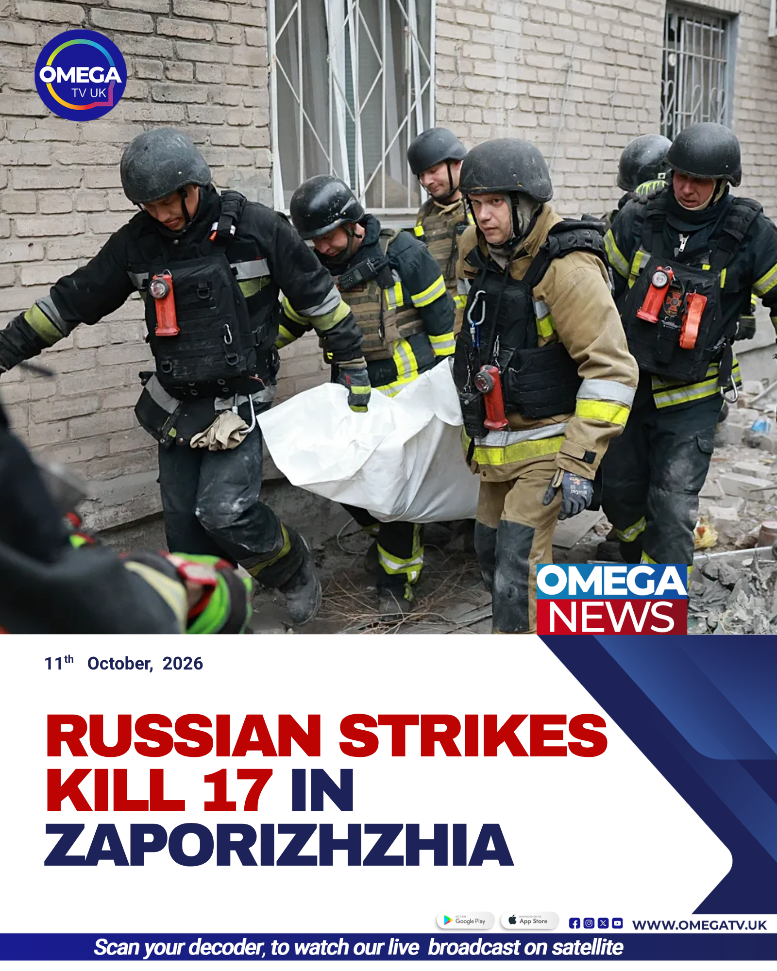 Damaged residential buildings and emergency crews in Zaporizhzhia after Russian airstrikes killed at least 17 people.