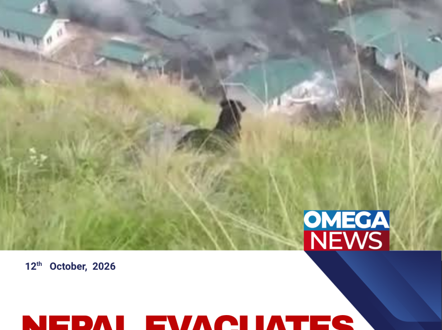 Floodwaters surge through a mountain valley along Nepal’s Budhi Gandaki River as authorities evacuate residents following a landslide.