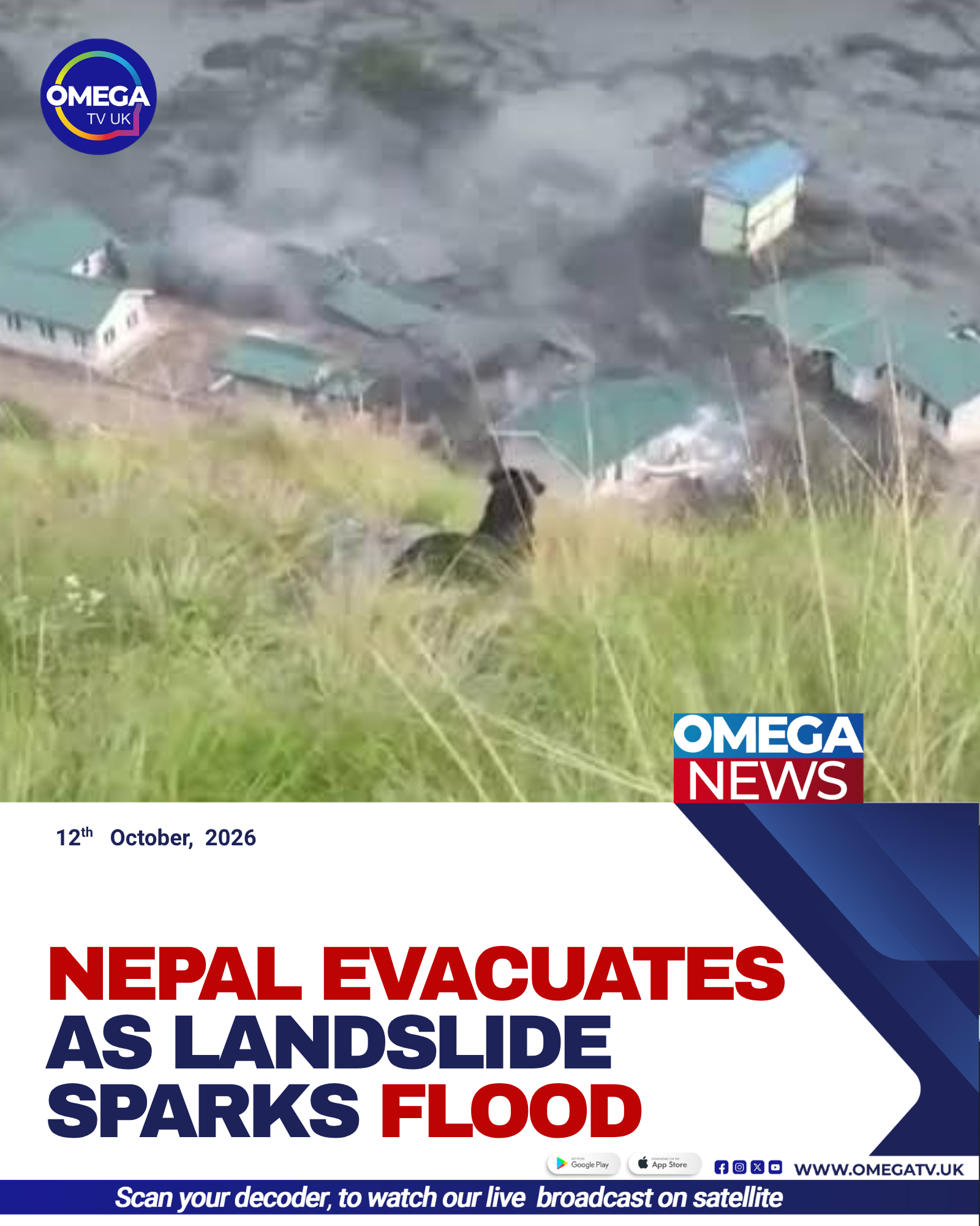 Floodwaters surge through a mountain valley along Nepal’s Budhi Gandaki River as authorities evacuate residents following a landslide.