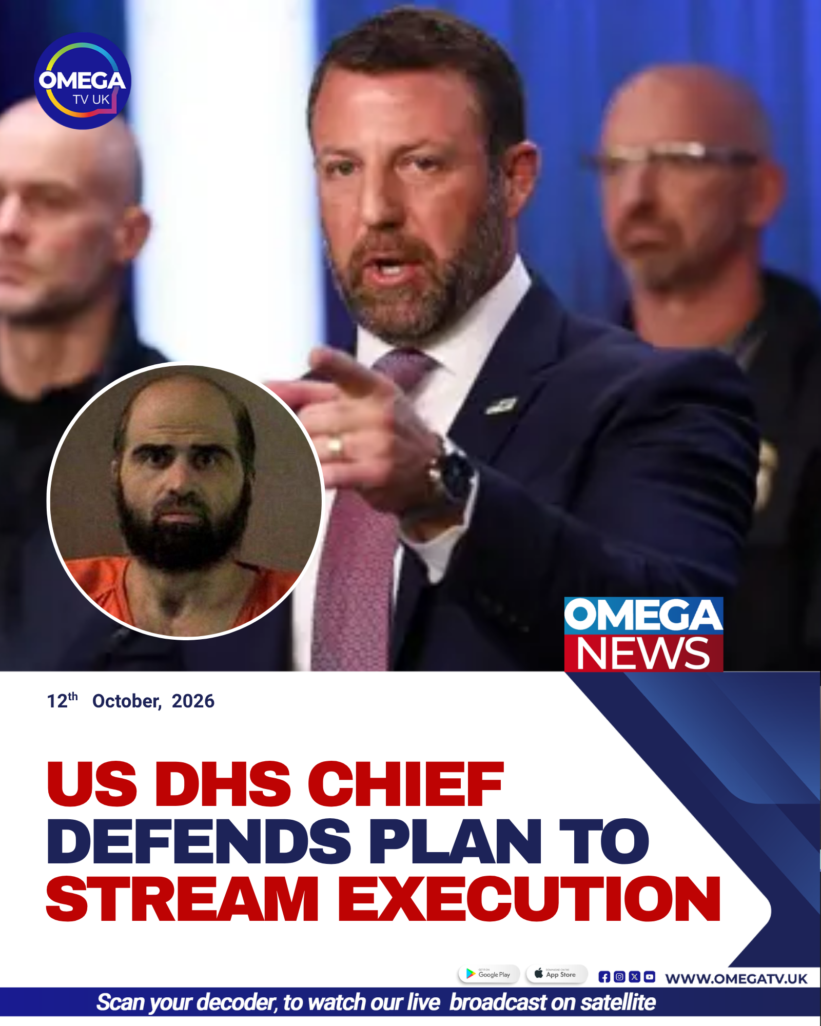 S Homeland Security Secretary Markwayne Mullin speaks during a televised interview about the proposed livestream of Nidal Hasan’s execution.