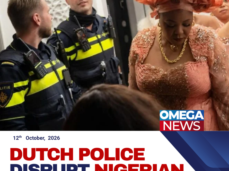 Guests in traditional Nigerian wedding attire leave a venue in the Netherlands during a reported police intervention over loud music.
