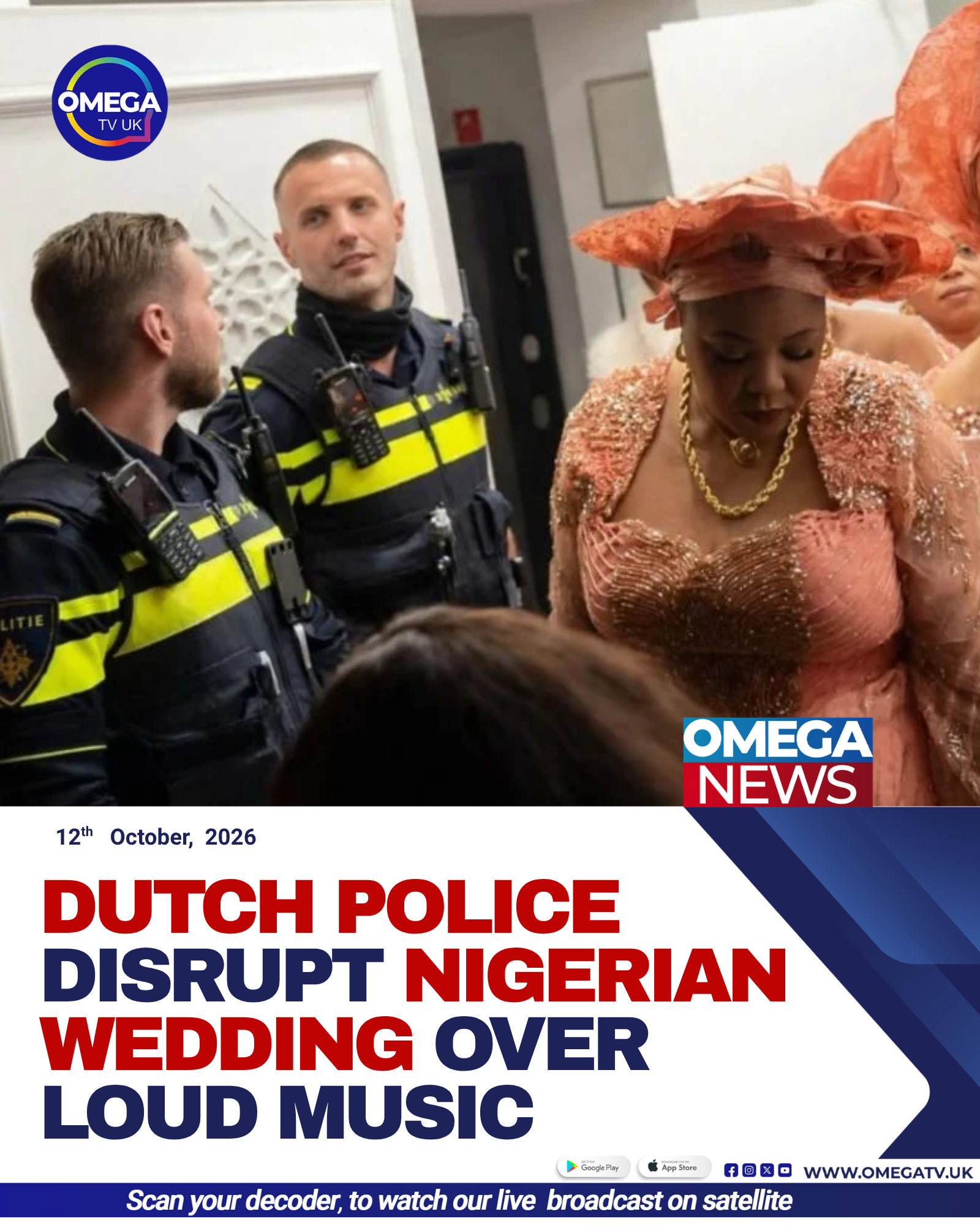 Guests in traditional Nigerian wedding attire leave a venue in the Netherlands during a reported police intervention over loud music.